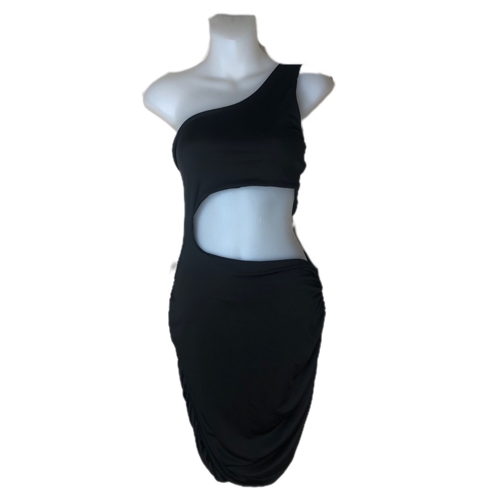 Unknown Brand Black One Shoulder A Symmetrical Cut Out Ruched Mini Dress